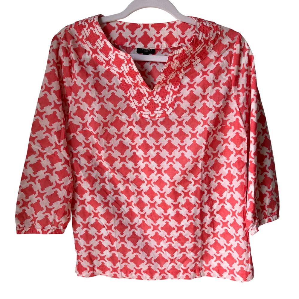 Talbots Tunic Coral White Geometric‎ Print 3/4 Sleeves 100% Cotton Medium Petite